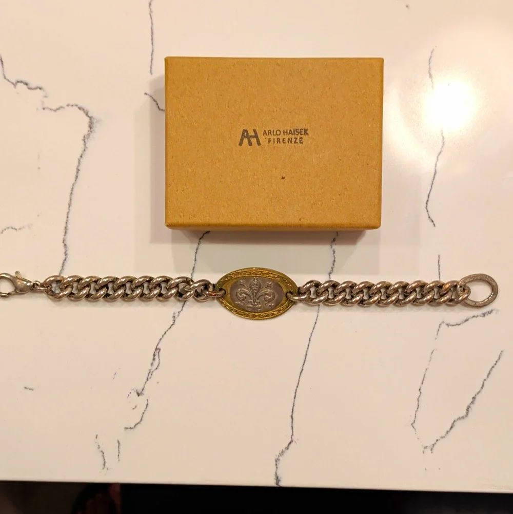 Arlo Haisek Firenze Signed Silver Curb Link Chain Bracelet Fleur-de-Lis